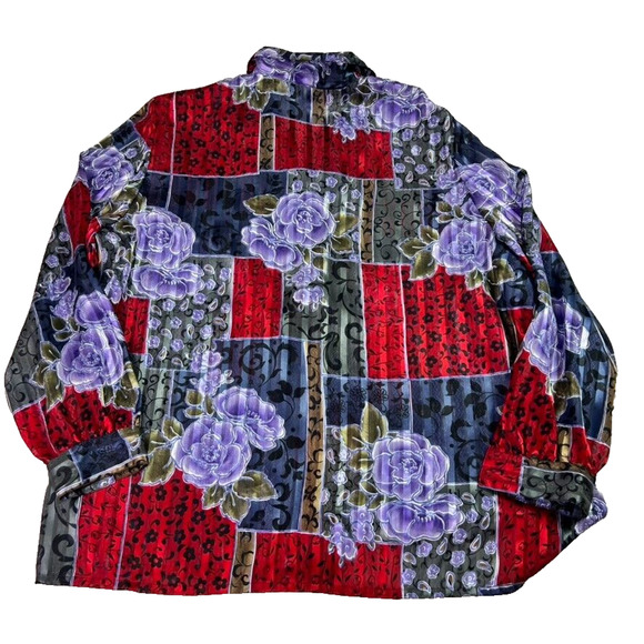 Allison Daley Shirt Women 22W Silky Sheer Floral Button Up Patchwork Vintage 90s - Picture 2 of 6